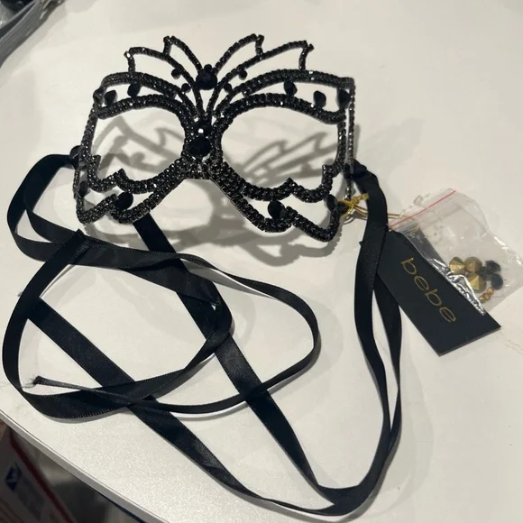 Bebe Masquerade Black Rhinestones Is Mask, Mardi Gras Mask, Metal - Picture 7 of 7